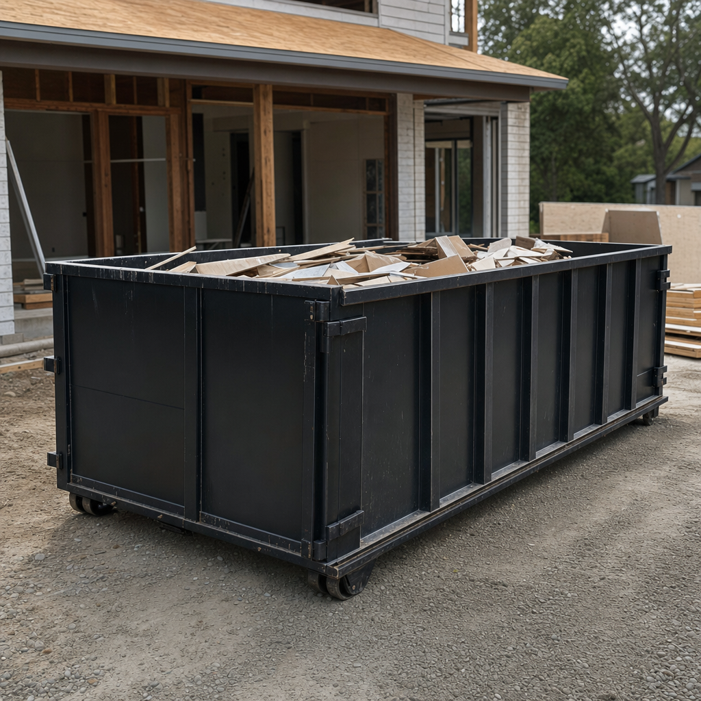 Large matte-black 30-yard construction roll-off dumpster at an active New Haven jobsite, steel-gray top rails and bottom rollers visible, loaded with construction debris.